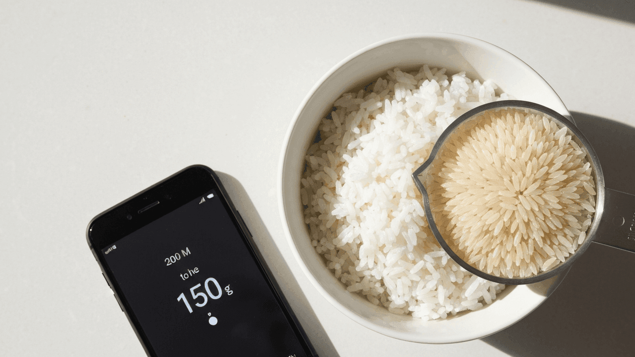 A bowl of cooked white rice and a cup of dry rice being weighed by phone