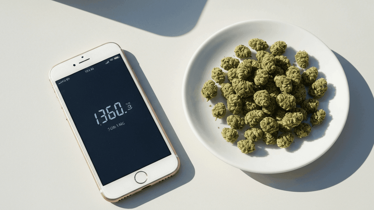 Cannabis buds on a clean surface being weight-estimated in grams by phone